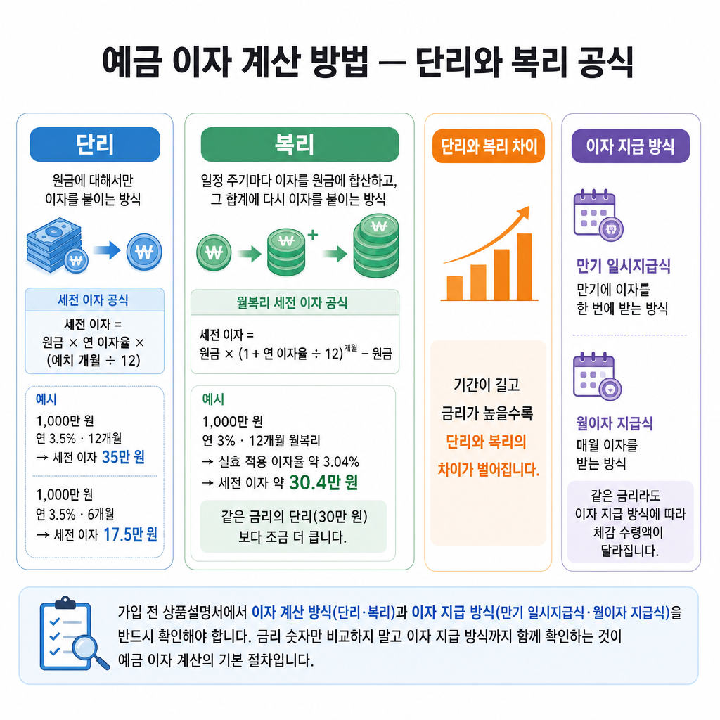예금 뜻 예금 이자 계산 방법 — 단리와 복리 공식 핵심 요약