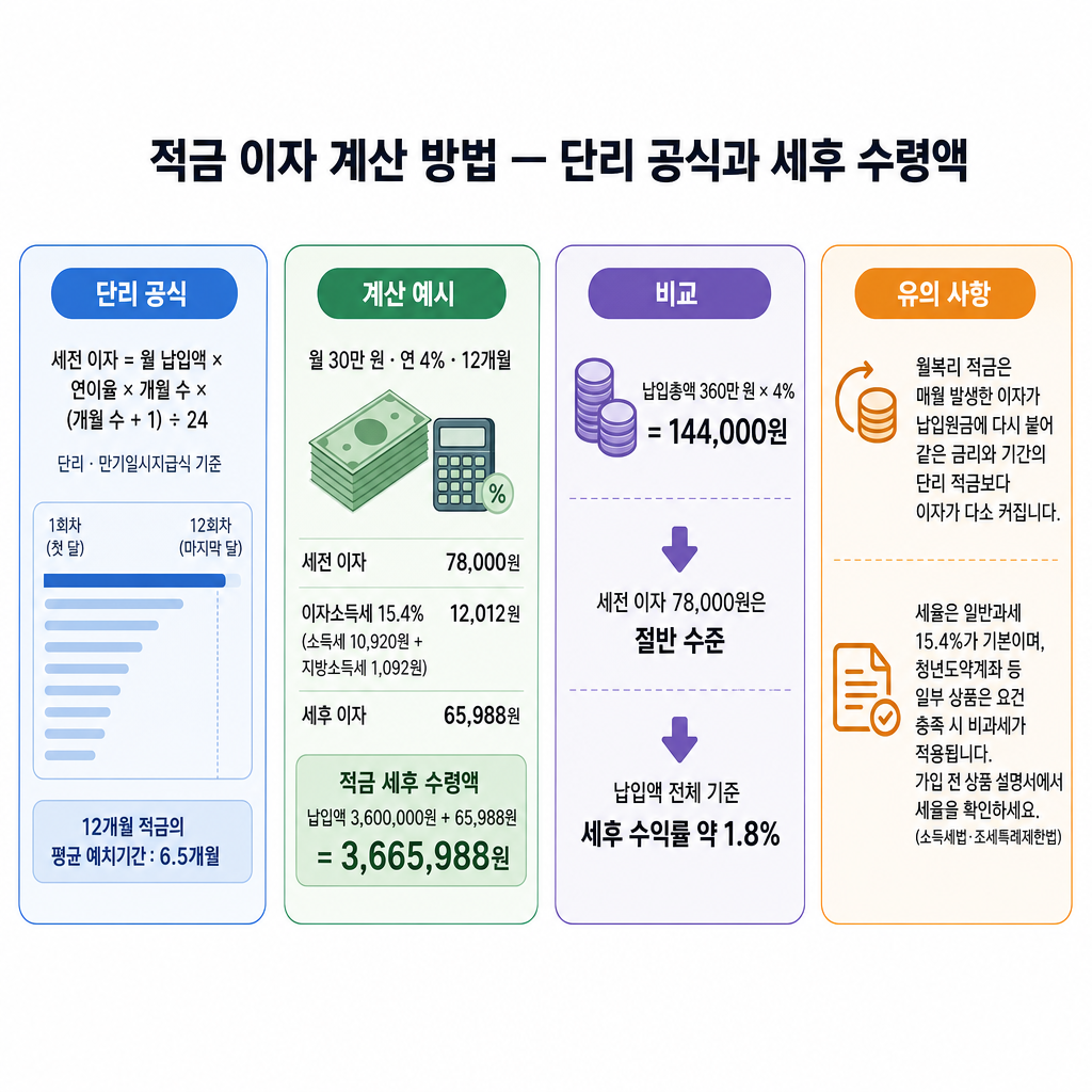 적금 뜻 적금 이자 계산 방법 — 단리 공식과 세후 수령액 핵심 요약