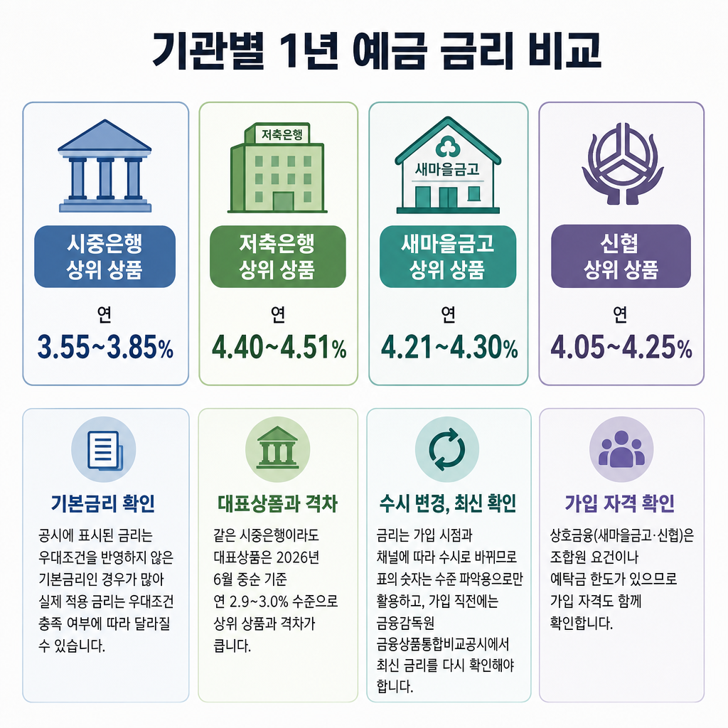 기관별 1년 예금 금리 비교 핵심 요약