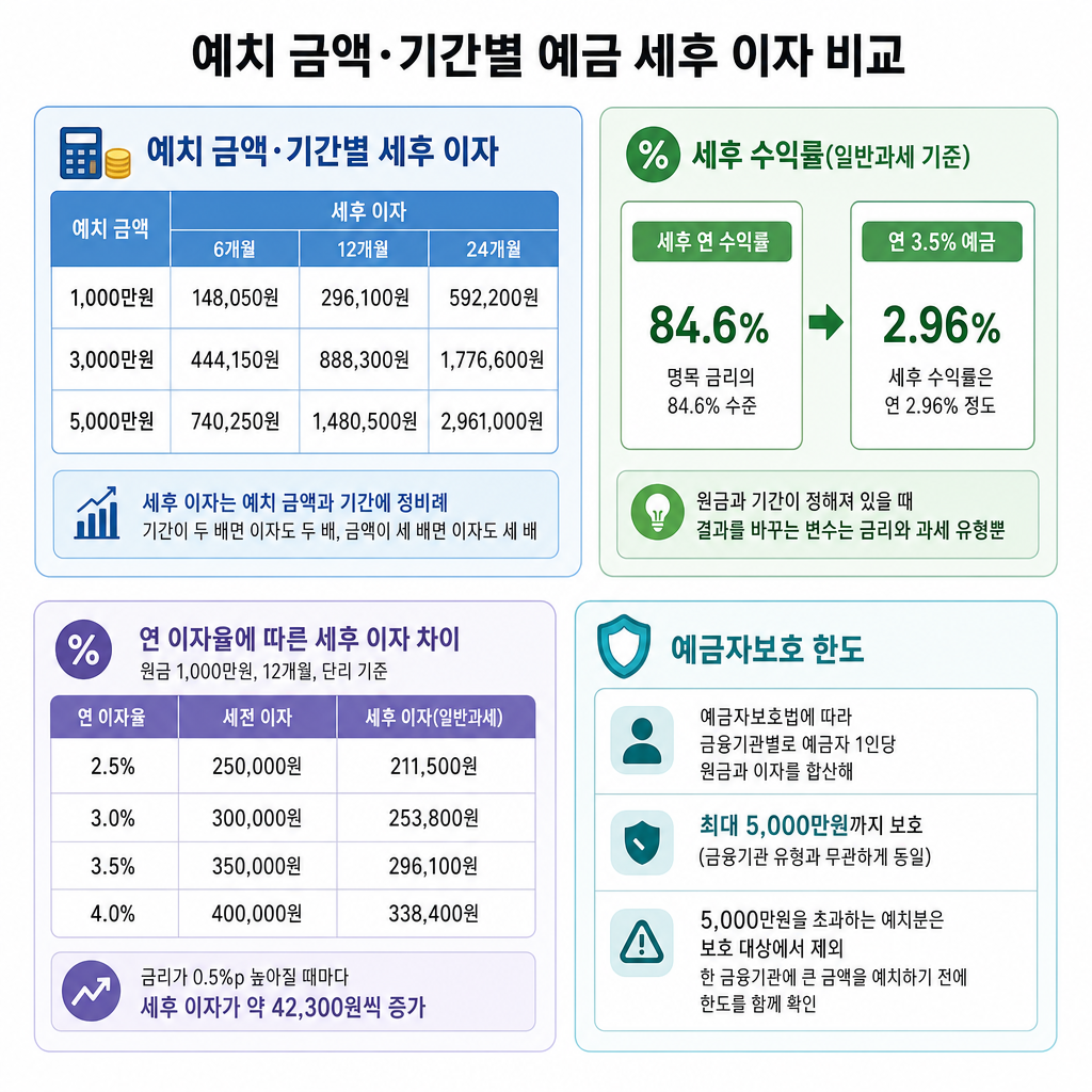 예치 금액·기간별 예금 세후 이자 비교 핵심 요약