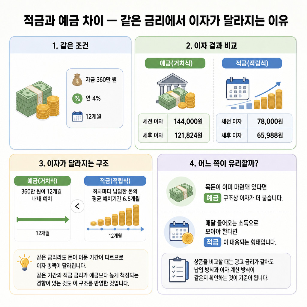 적금과 예금 차이 — 같은 금리에서 이자가 달라지는 이유 핵심 요약