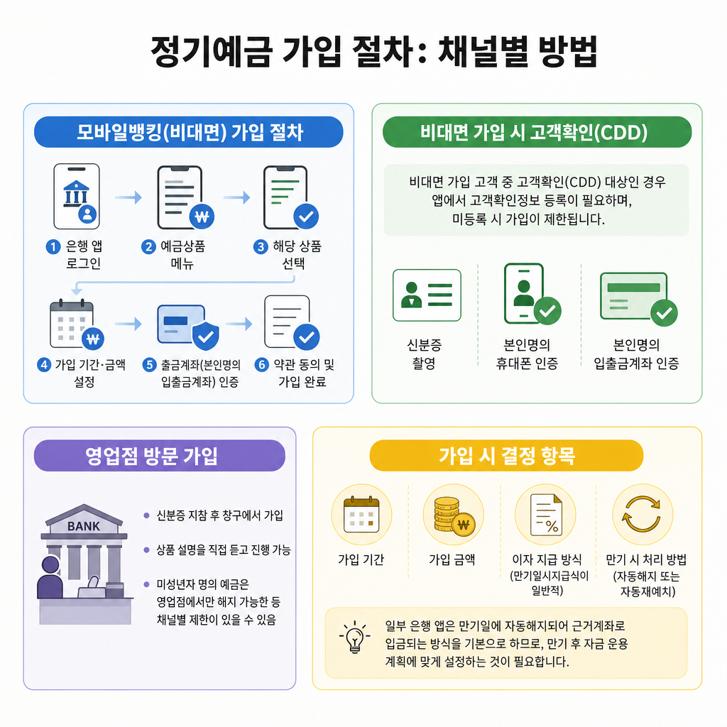 정기예금 가입 절차: 채널별 방법 핵심 요약